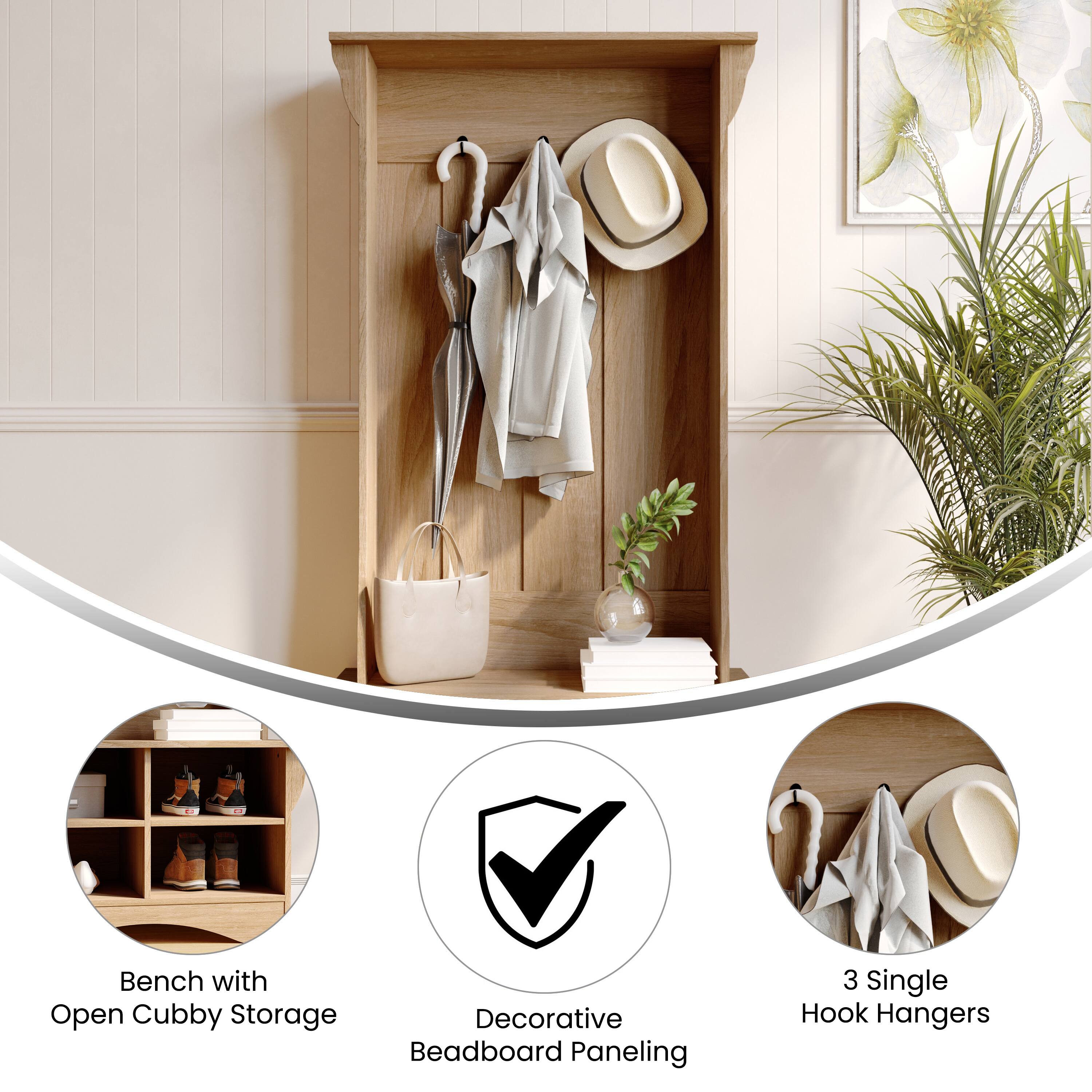 Bench with Open Cubby Storage  
Decorative Beadboard Paneling  
3 Single Hook Hangers