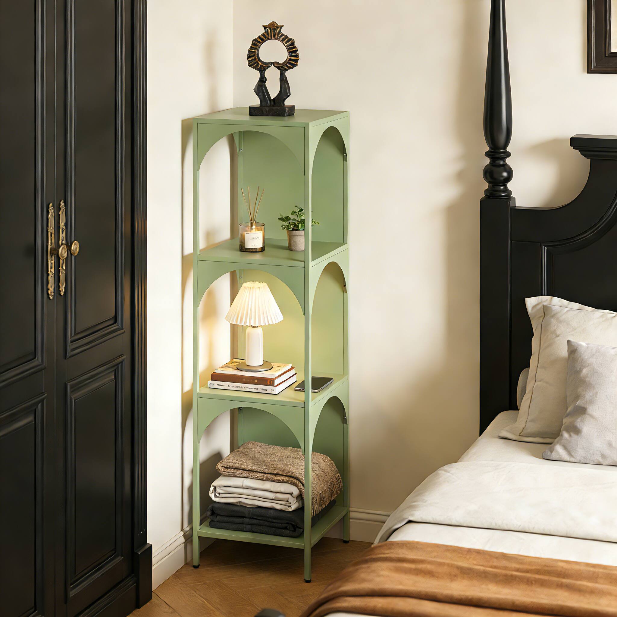 Angle. Malletson - 4-Tier Corner Display Shelf, Modern Green Metal Storage Organizer for Home & Office - Green.