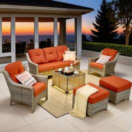 Ovios - 6 PCS Outdoor Patio Furniture Set 3 Seat Sofa Rattan Armchairs with Ottomans & Coffee Table - Orange Red