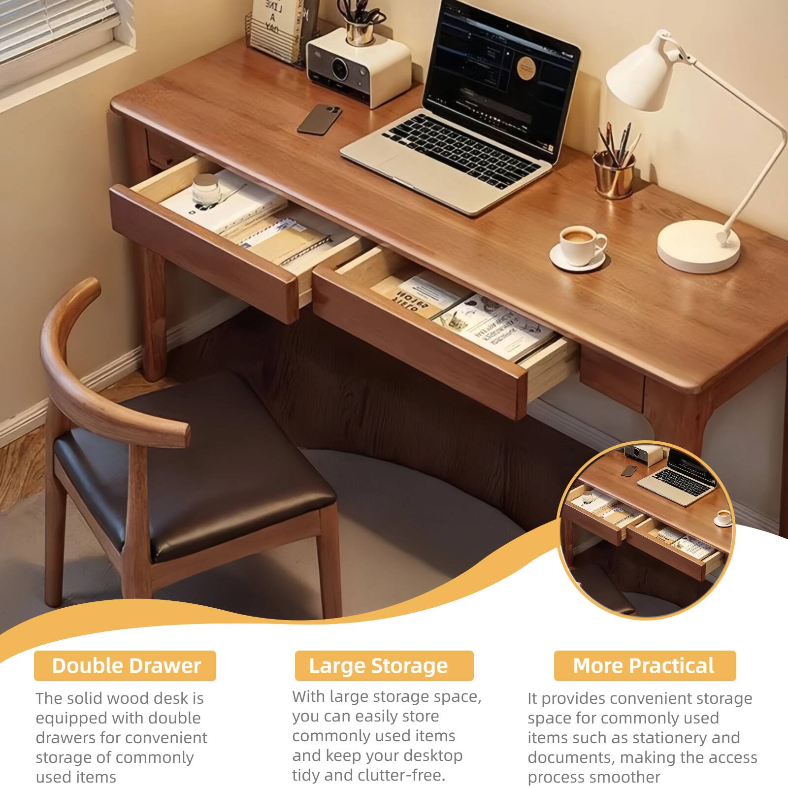 LINE A YAO  
SALON  
BOX WITH Carcent  

Double Drawer  
The solid wood desk is equipped with double drawers for convenient storage of commonly used items  

Large Storage  
With large storage space, you can easily store commonly used items and keep your desktop tidy and clutter-free.  

More Practical  
It provides convenient storage space for commonly used items such as stationery and documents, making the access process smoother