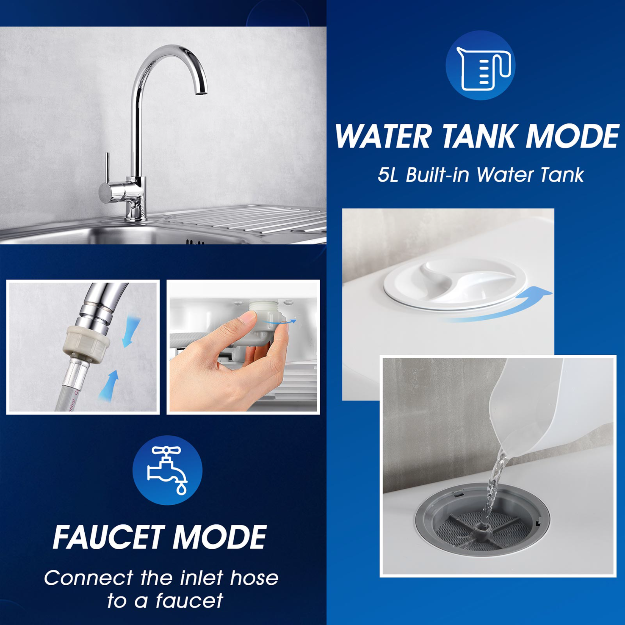 WATER TANK MODE 5L Built-in Water Tank
FAUCET MODE Connect the inlet hose to a faucet