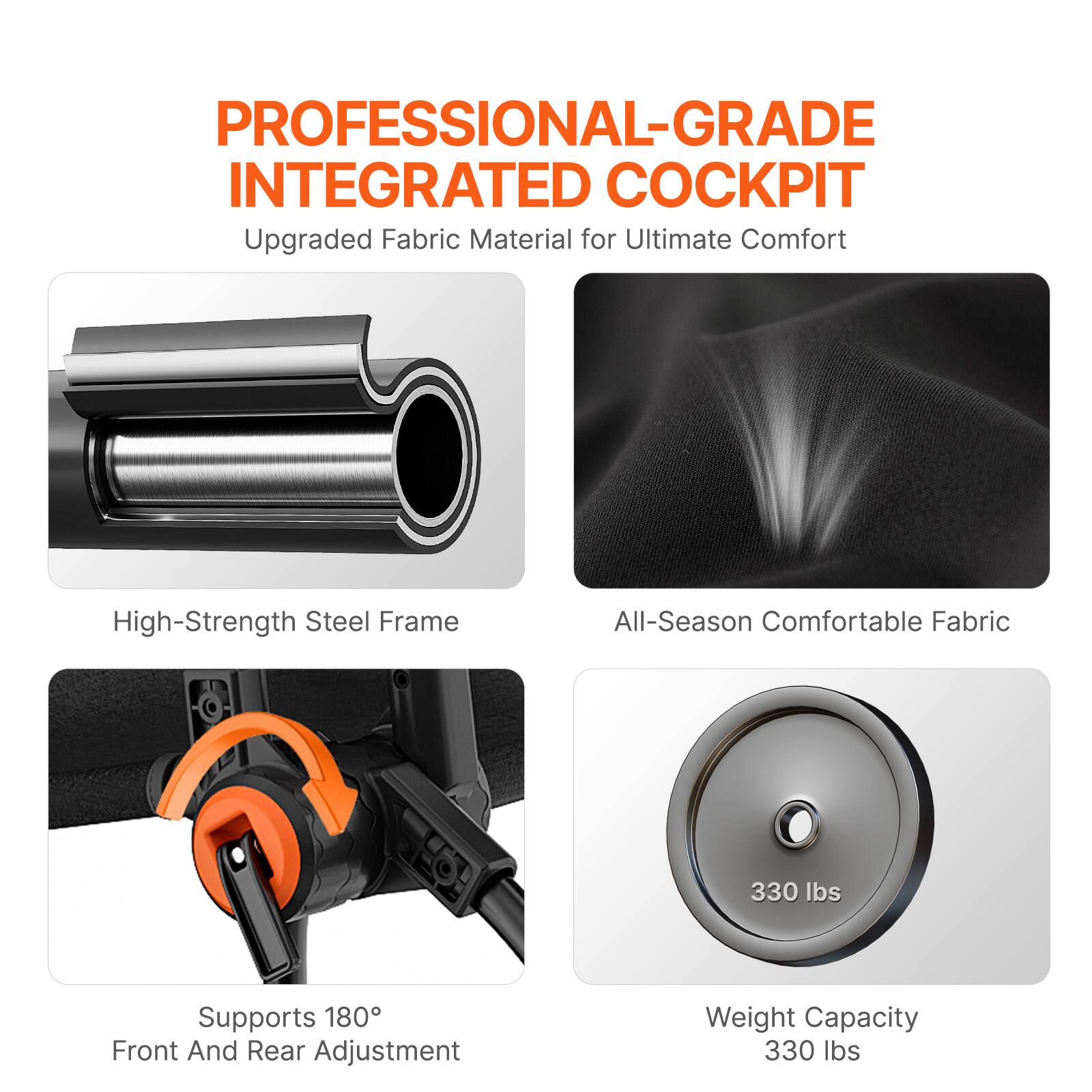 PROFESSIONAL-GRADE INTEGRATED COCKPIT, Upgraded Fabric Material for Ultimate Comfort, High-Strength Steel Frame, All-Season Comfortable Fabric, Supports 180° Front And Rear Adjustment, Weight Capacity 330 lbs