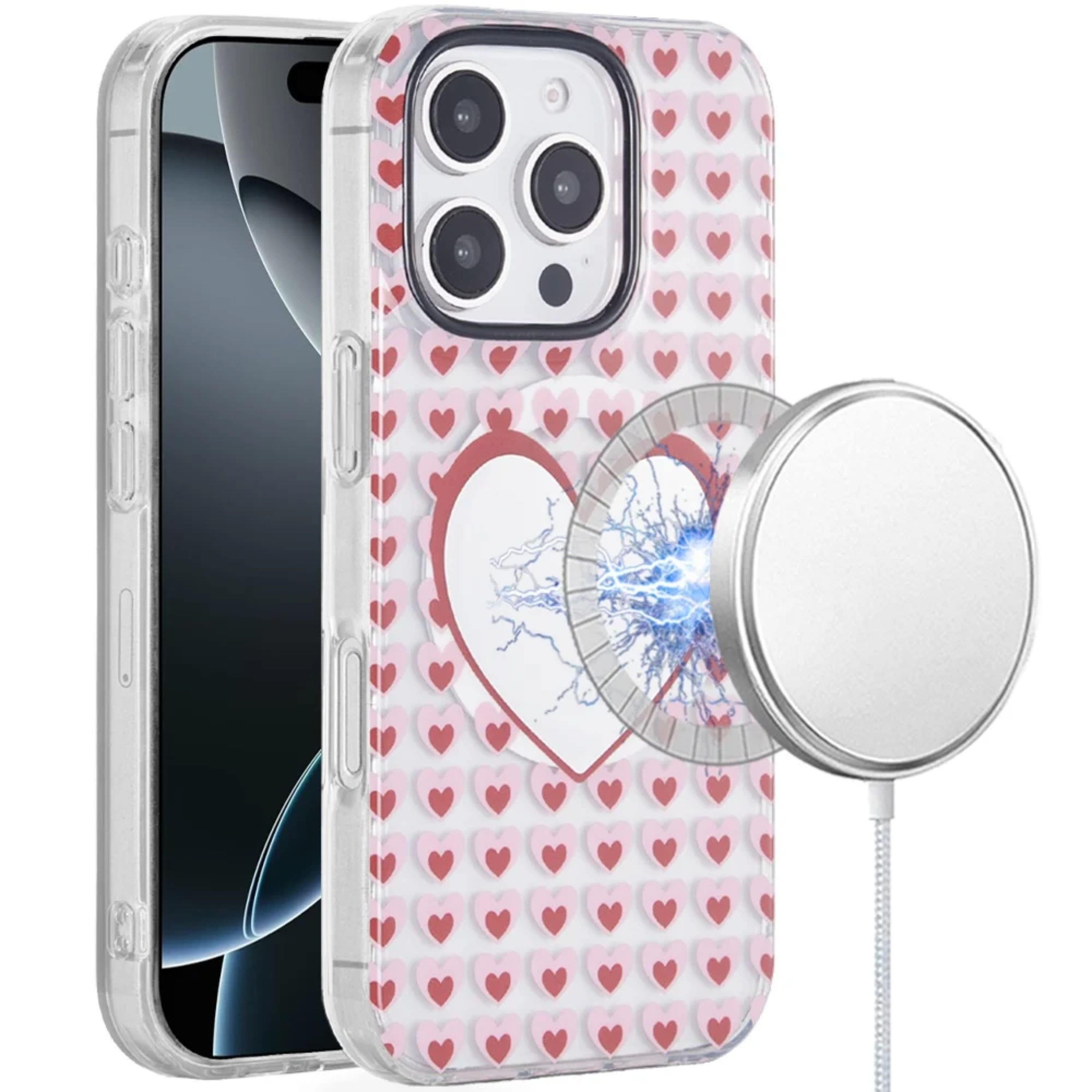 Kitcheniva - Glitter Epoxy Magnetic Circle Case With Tempered Glass For iPhone 16 Mirror With Hearts - Multicolor