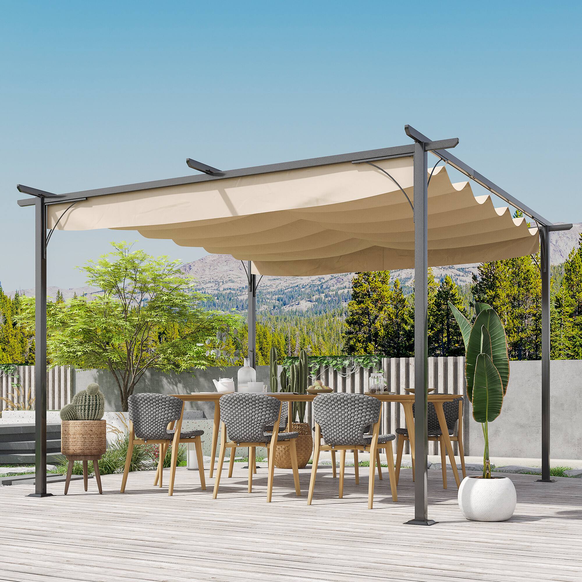 Angle. Outsunny - 11.5' x 11.5' Outdoor Retractable Pergola Canopy, Metal Patio Shade Shelter for Backyard, Porch Party - Beige.