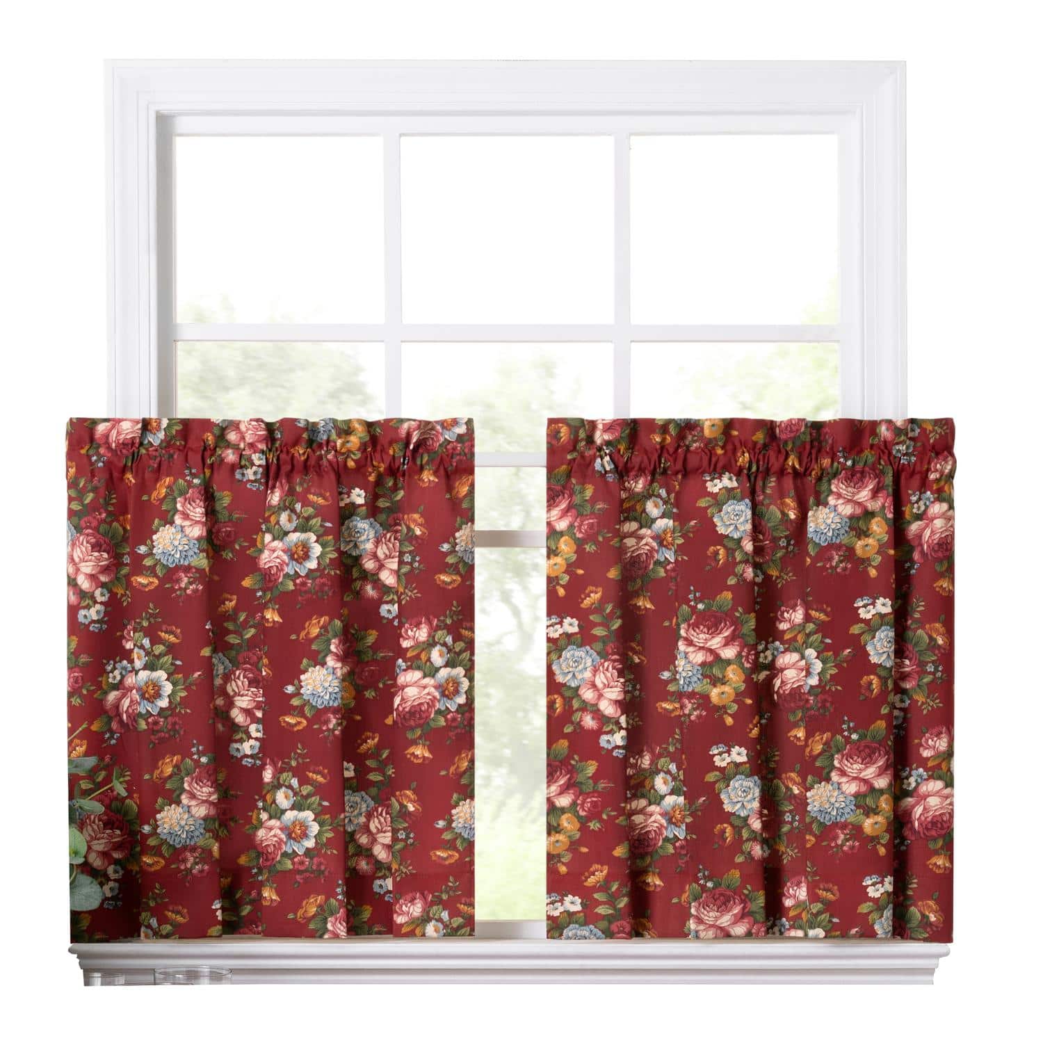 Ellis Curtain - Ellis Bella Rose Stylish Medium Scale Printed Floral Pattern 1.5" Rod Pocket Tier for Windows 56"x24" - Red