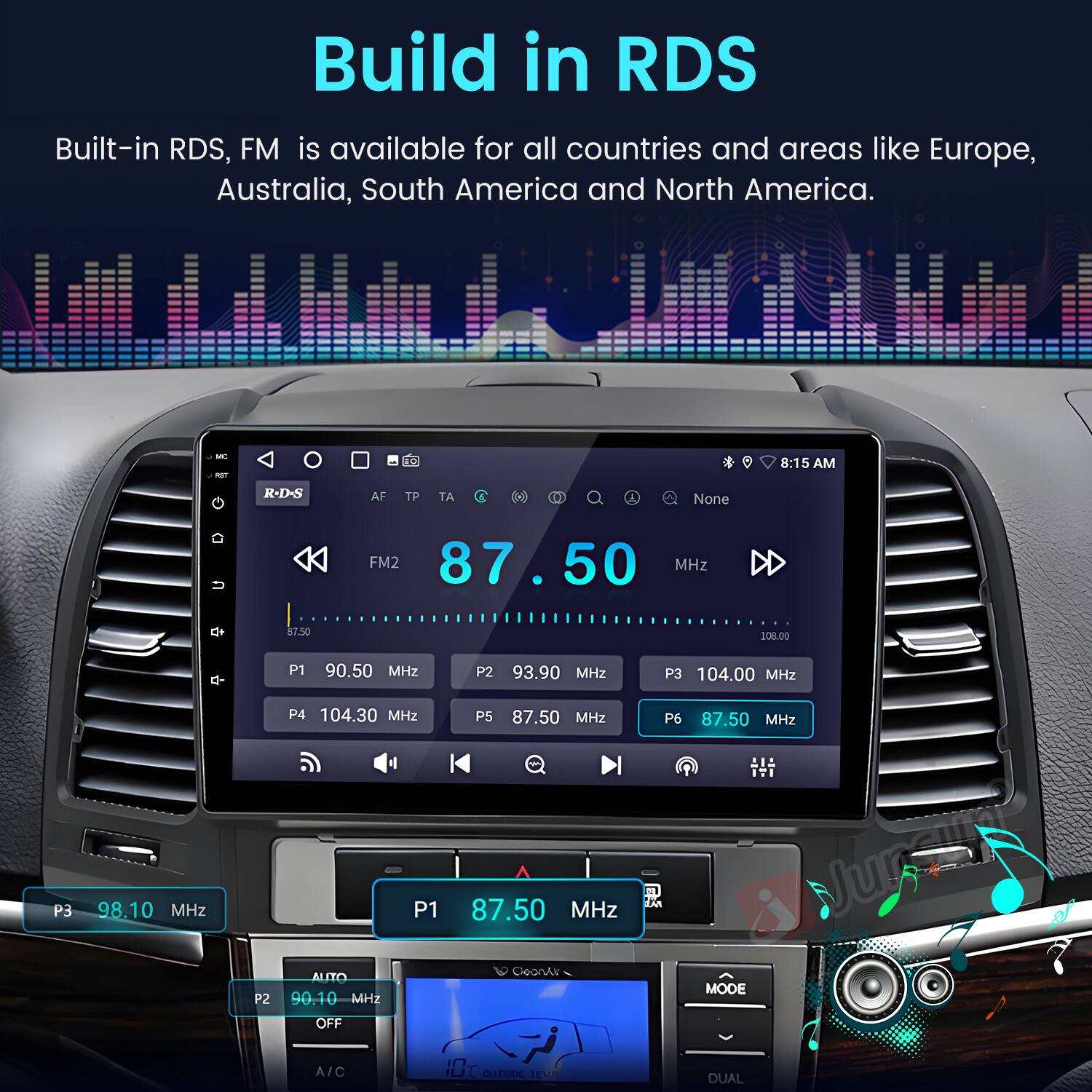 Build in RDS

Built-in RDS, FM is available for all countries and areas like Europe, Australia, South America and North America.

8:15 AM

R-D-S

AF TP TA

None

FM2 87.50 MHz

P1 90.50 MHz

P2 93.90 MHz

P3 104.00 MHz

P3 98.10 MHz

P4 104.30 MHz

P1 AUTO

P2 90.10 MHz

P5 87.50 MHz

P6 87.50 MHz

CleonAr

Nunu

MODE A/C

I0

OUTSIDE

BELUE

DUAL