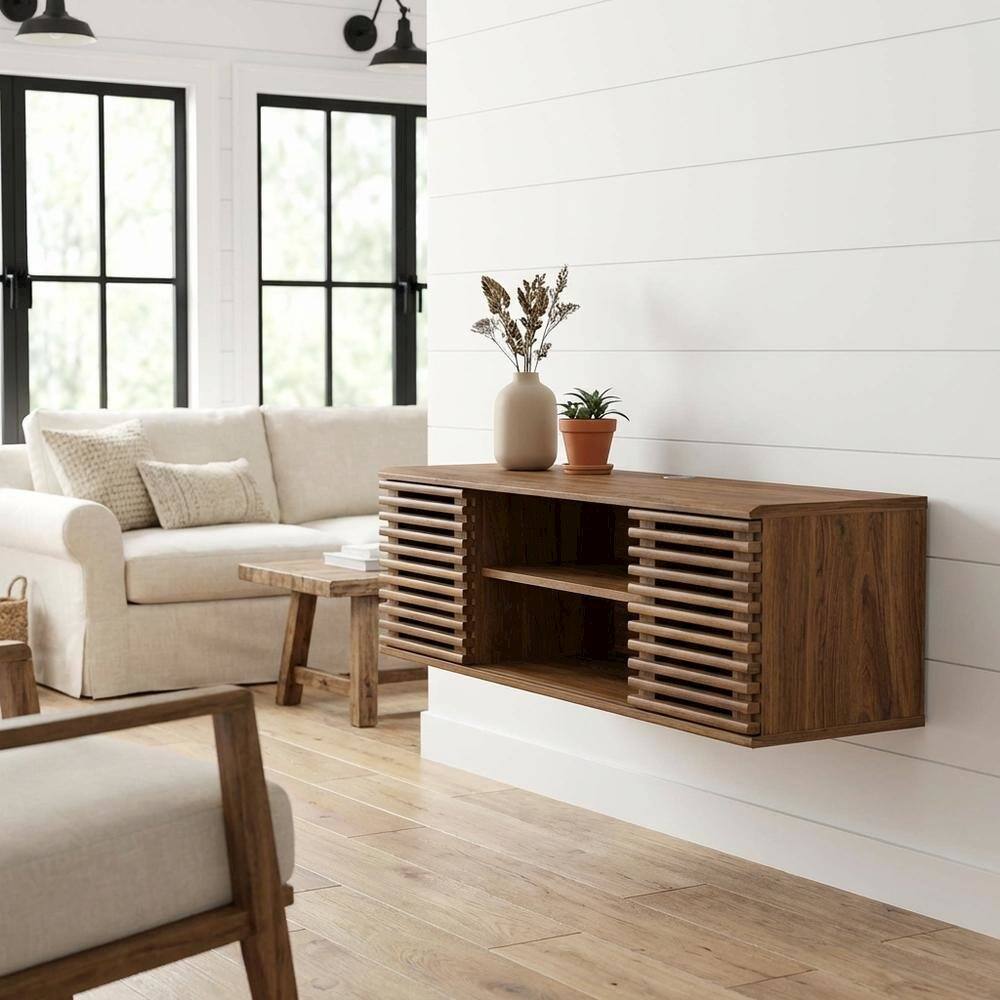 Angle. FurniFact - Wooden brown wall-mount TV console with sleek design and sturdy build - Brown.