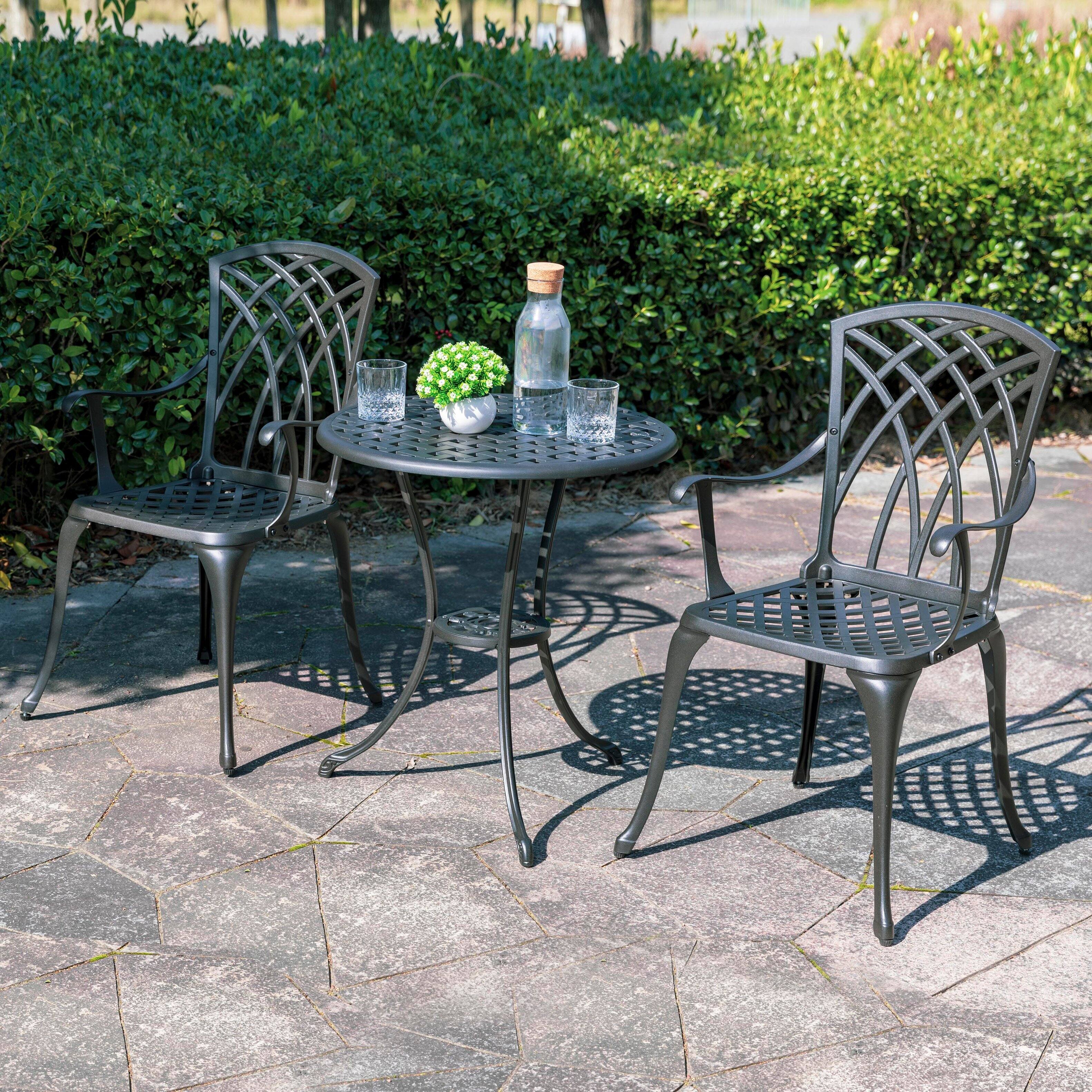 Alt View 5. Nuu Garden - 24 Inch Cast Aluminum Bistro Table with Umbrella Hole and 2 Bistro Chairs - Black.