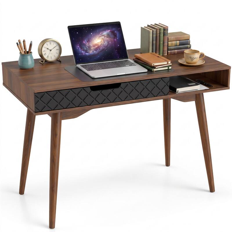 Left. WELLFOR - 42.5" Modern Computer Desk with Drawer and Open Compartment, Laptop PC Work Table Writing Table for Small Spaces - Brown.