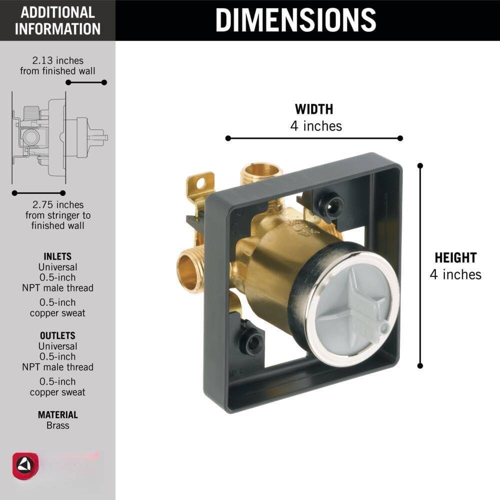 **ADDITIONAL INFORMATION**

- **2.13 inches** from finished wall
- **2.75 inches** from stringer to finished wall

**DIMENSIONS**

- **WIDTH**: 4 inches
- **HEIGHT**: 4 inches

**INLETS**
- Universal
- 0.5-inch NPT male thread
- 0.5-inch copper sweat

**OUTLETS**
- Universal
- 0.5-inch NPT male thread
- 0.5-inch copper sweat

**MATERIAL**
- Brass