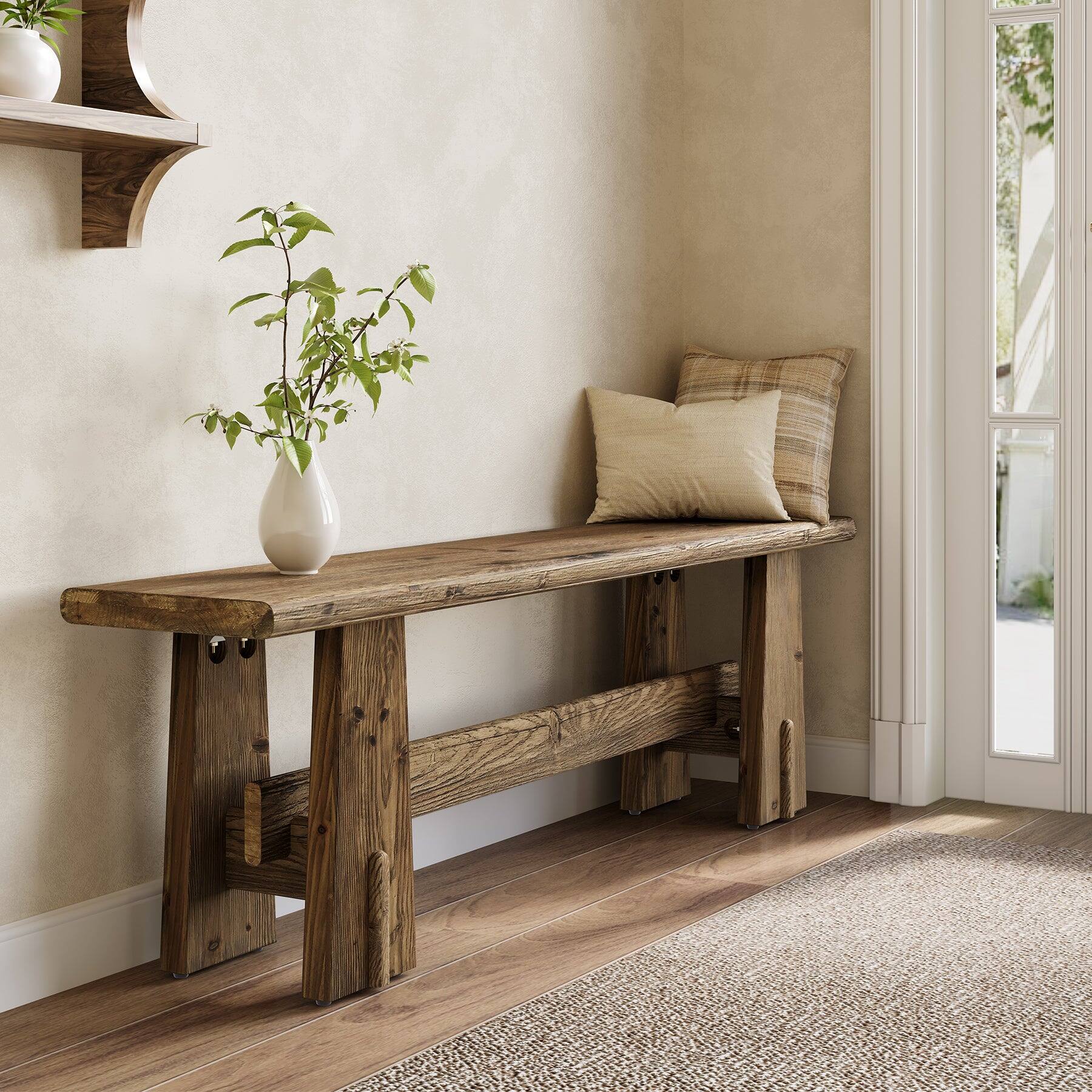 Front. Tribesigns - Office Reception Bench with Solid Wood Construction, for Office Entryways and Waiting Areas - Brown.