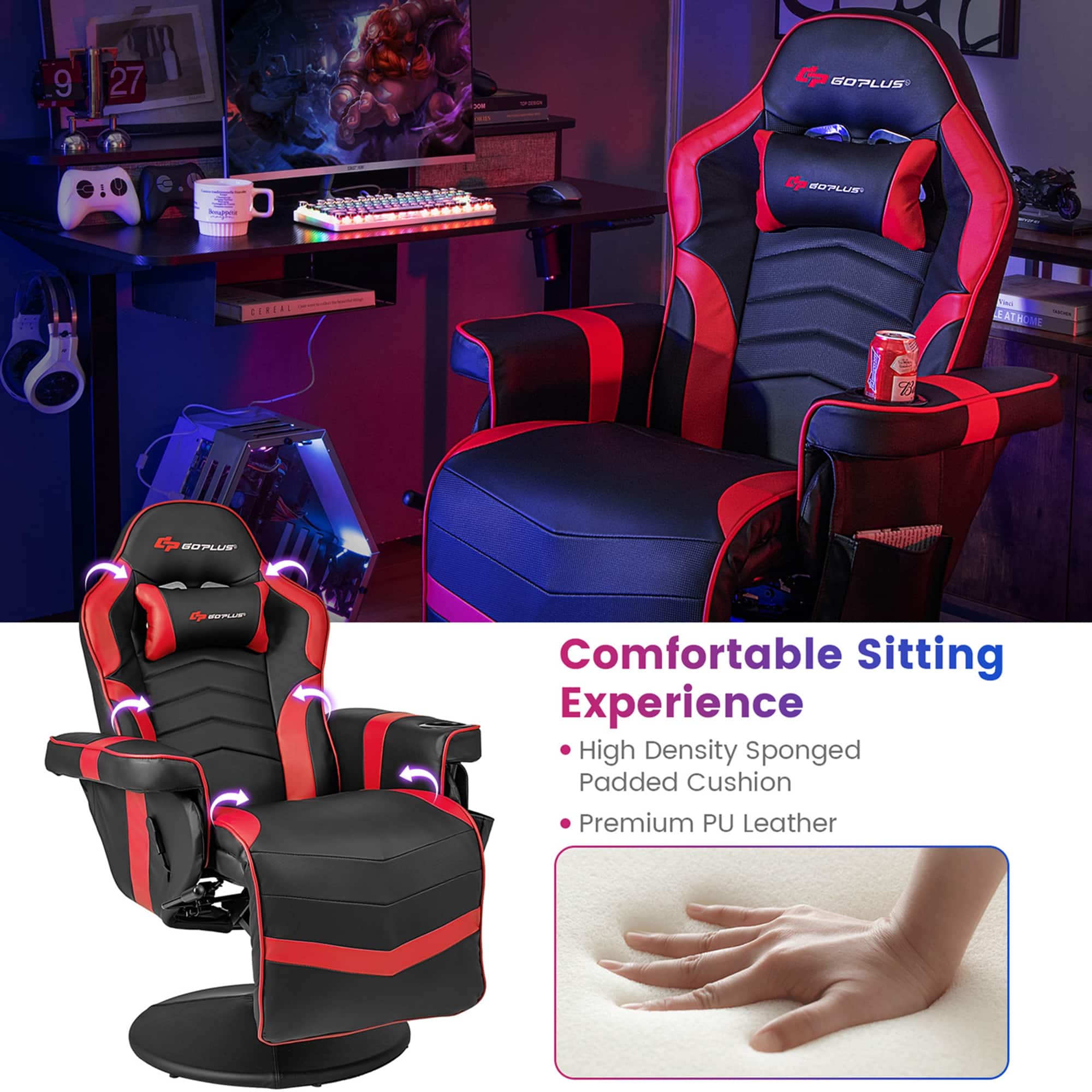 The text on the image reads: "Comfortable Sitting Experience High Density Sponged Padded Cushion Premium PU Leather."