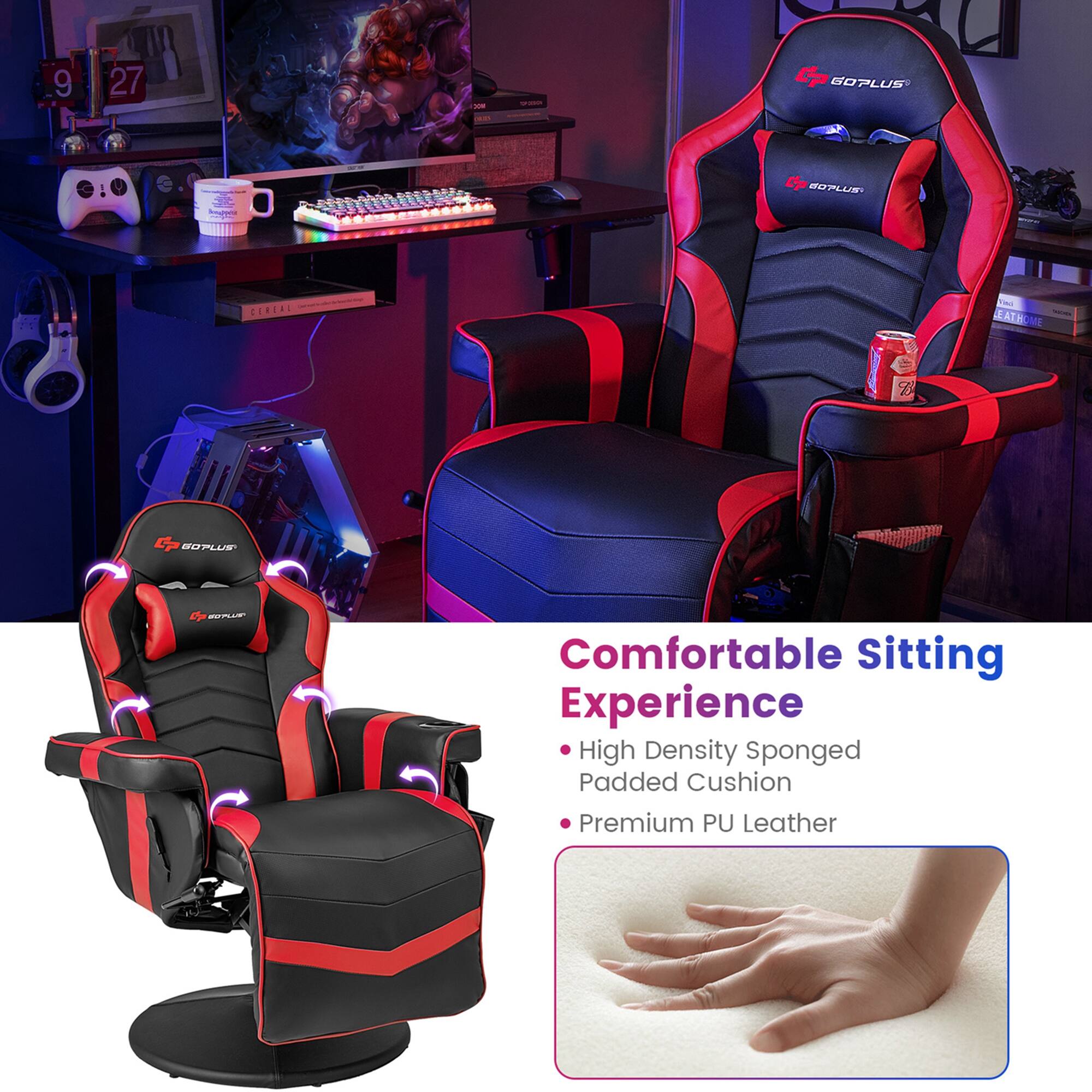 The text on the image reads: "Comfortable Sitting Experience High Density Sponged Padded Cushion Premium PU Leather."