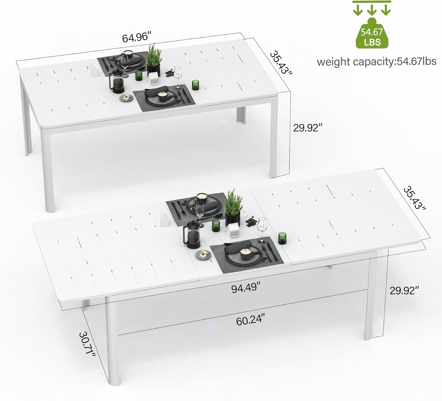 64.96"  
35.43"  
29.92"  
94.49"  
60.24"  
30.71"  
35.43"  
29.92"  
weight capacity: 54.67 lbs