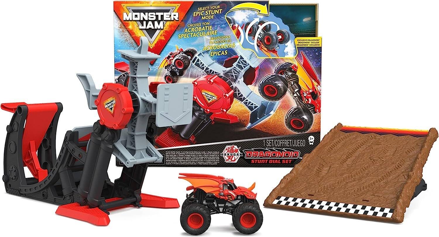 SELECT YOUR EPIC STUNT MONSTER MODE  
CHOISIS TON ACROBATIE AERIE SPECTACULAIRE  
SE LECCIONA TU MODO DE ACROBACIAS EPICAS  

EXCLUSIVE DRAGONOID  
DRAGONOIO EXCLUSIF DRAGONOIO EXCLUSIVO  

MONSTER JAM  
3+ 1 SET/COFFRET/JUEGO BAKUGAN DRAGONOID STUNT DIAL SET