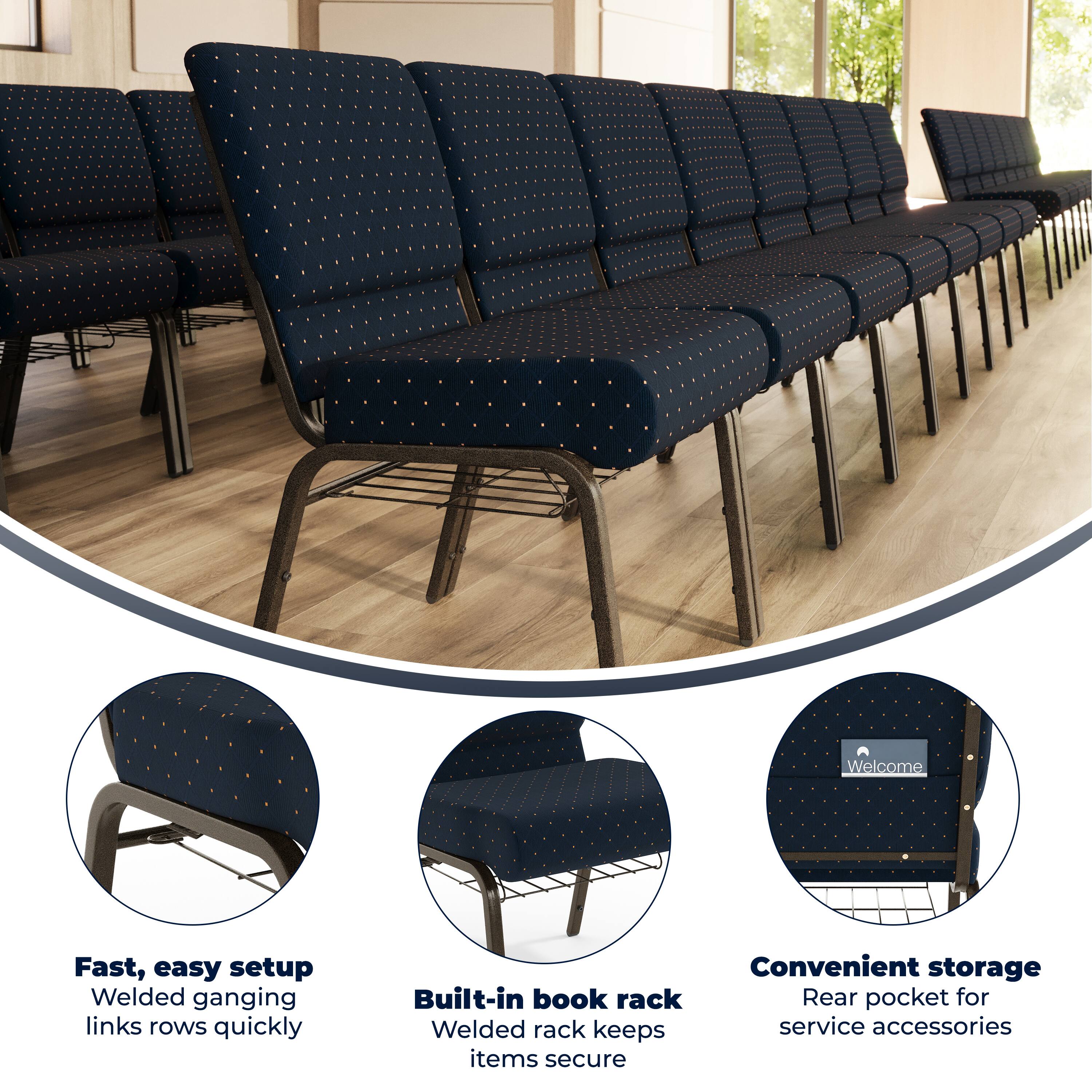 Welcome

Fast, easy setup  
Welded ganging links rows quickly

Built-in book rack  
Welded rack keeps items secure

Convenient storage  
Rear pocket for service accessories