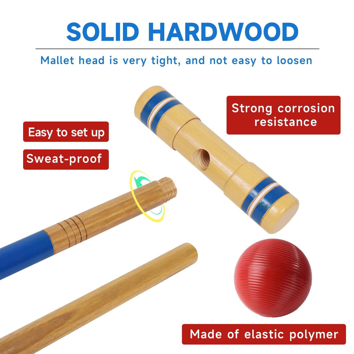 SOLID HARDWOOD, Mallet head is very tight, and not easy to loosen, Easy to set up, Strong corrosion resistance, Sweat-proof, Made of elastic polymer