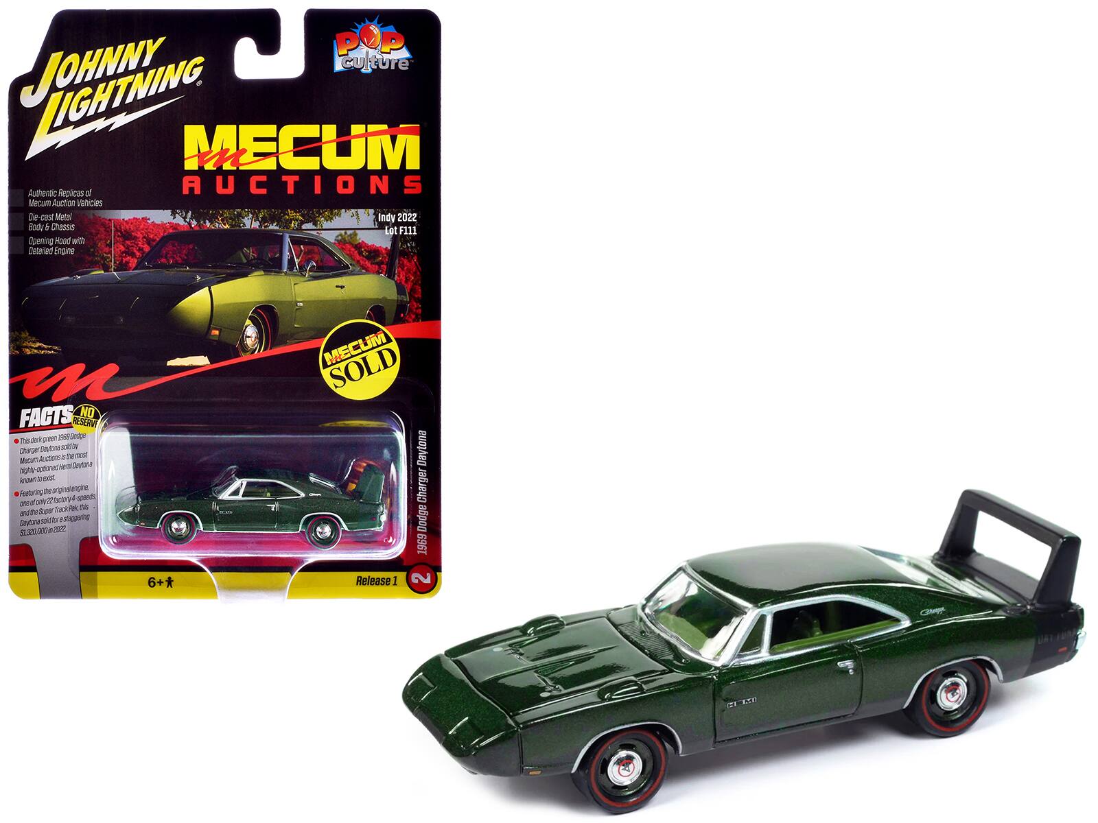 Sure, here is the corrected and grouped text from the image:

---

**JOHNNY LIGHTNING**

**MECUM AUCTIONS**

**Indy 2022**

**Lot F111**

**Authentic Replicas of Mecum Auction Vehicles**

- Die-cast Metal
- Body & Glass
- Opening Hood with Detailed Engine

**FACTS NO RESERVE**

- This dark green 1969 Dodge Charger Daytona sold by Mecum Auctions in the most highly optioned Hemi Daytona known to exist, featuring the original engine and the Super Track-Pak 4-speed and the Super Track-Pak 4-speed and the Super Track-Pak 4-speed and the Super Track-Pak 4-speed and the Super Track-Pak 4-speed and the Super Track-Pak 4-speed and the Super Track-Pak 4-speed and the Super Track-Pak 4-speed and the Super Track-Pak 4-speed and the Super Track-Pak 4-speed and the Super Track-Pak 4-speed and the Super Track-Pak 4-speed and the Super Track-Pak 4-speed and the Super Track-Pak 4-speed and the Super Track-Pak 4-speed and the Super