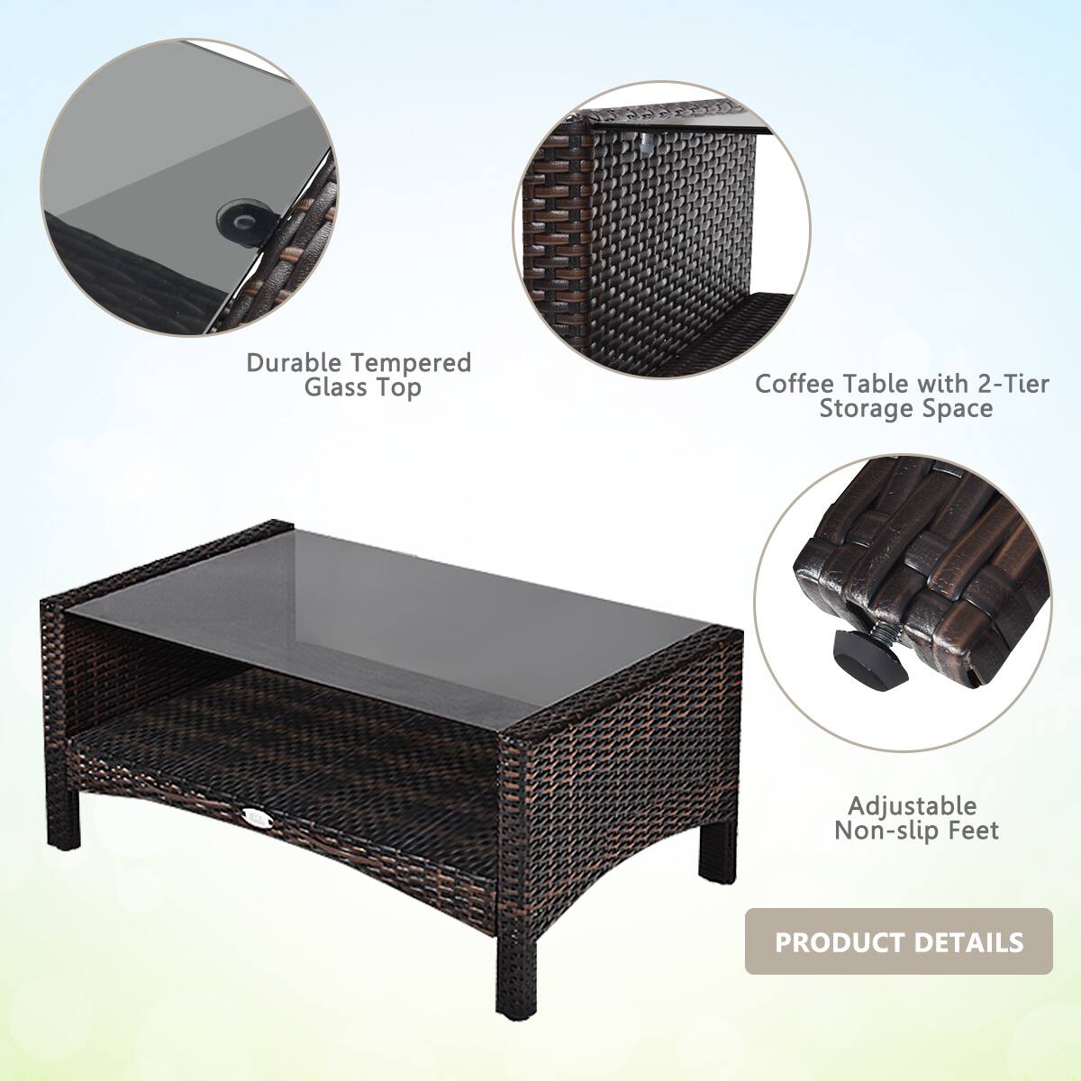 Durable Tempered Glass Top Coffee Table with 2-Tier Storage Space Adjustable Non-slip Feet

PRODUCT DETAILS

- Durable Tempered Glass Top
- Coffee Table with 2-Tier Storage Space
- Adjustable Non-slip Feet