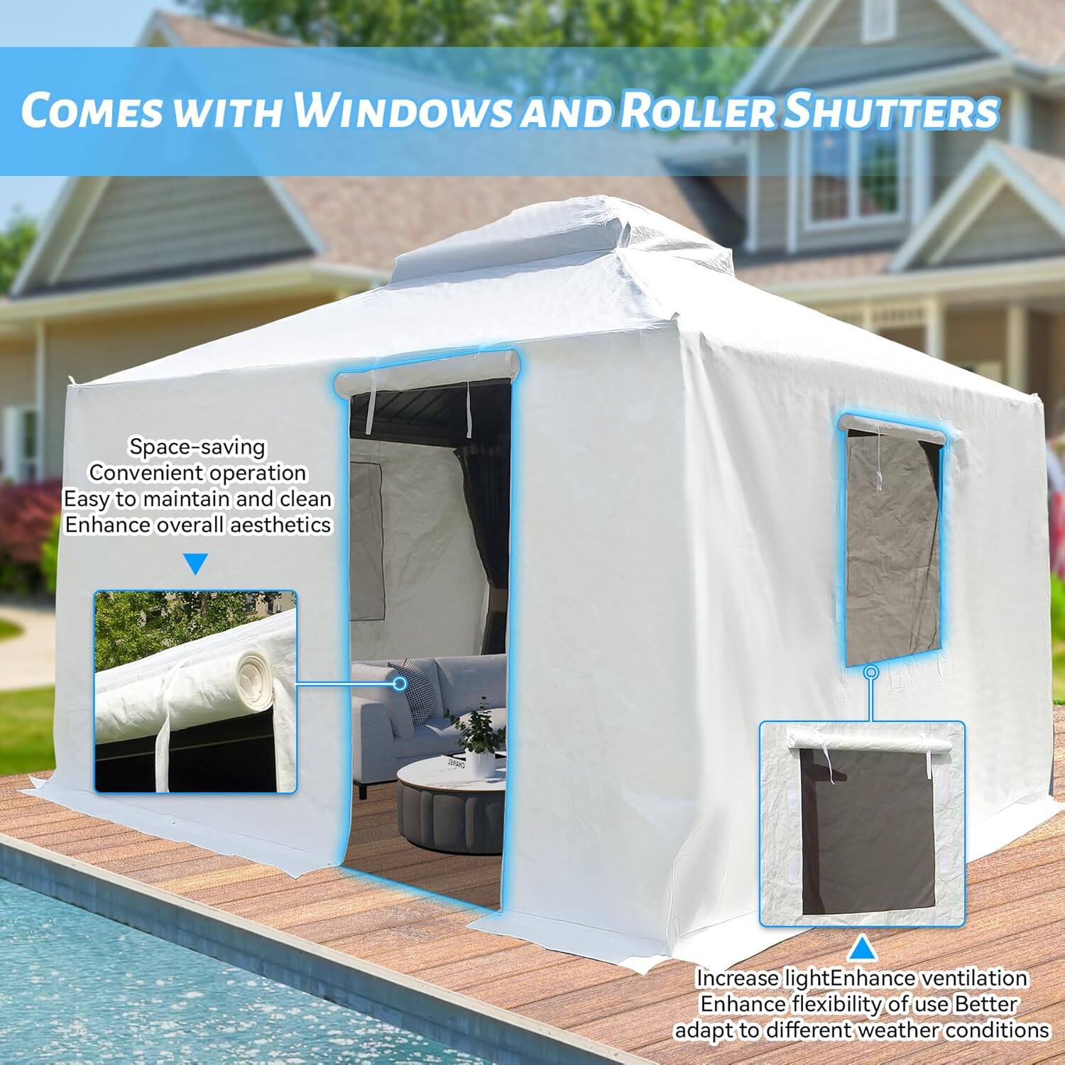 COMES WITH WINDOWS AND ROLLER SHUTTERS

Space-saving
Convenient operation
Easy to maintain and clean
Enhance overall aesthetics

Increase light
Enhance ventilation
Enhance flexibility of use
Better adapt to different weather conditions