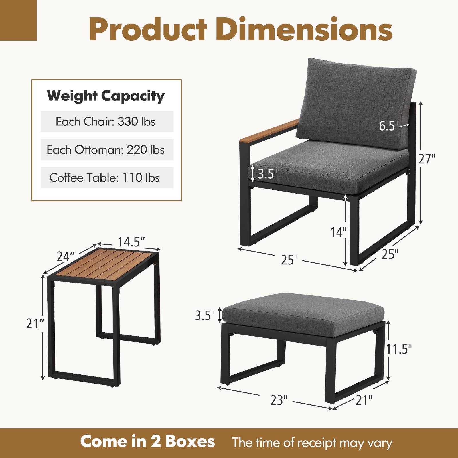 Product Dimensions:
- Weight Capacity: Each Chair: 330 lbs
- Each Ottoman: 220 lbs
- Coffee Table: 110 lbs

Dimensions:
- Chair: 27" 24" 14.5" 25" 14" 25" 21" 3.5" 11.5" 23" 21"
- Ottoman: 27" 24" 14.5" 25" 14" 25" 21" 3.5" 11.5" 23" 21"
- Coffee Table: 27" 24" 14.5" 25" 14" 25" 21" 3.5" 11.5" 23" 21"

Come in 2 Boxes. The time of receipt may vary.