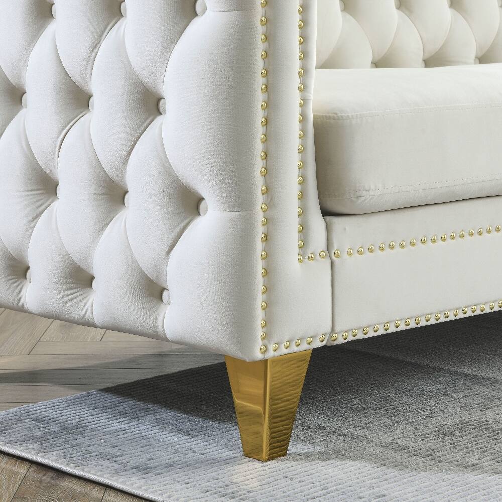 Alt View 4. Loheer - Loheer Beige Velvet Sofa, 3-Seat Chesterfield Couch with Button Tufted Square Arms and Metal Legs for Modern Living Room - Beige.
