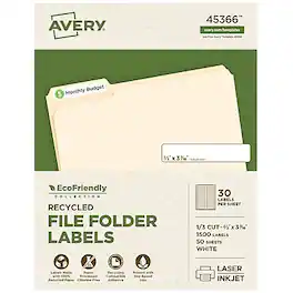 Avery - EcoFriendly Laser/Inkjet File Folder Labels, 2/3" x 3-7/16", 1500 Labels/Box - White