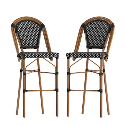 Front. Flash Furniture - Bordeaux Set of 2 Stackable Indoor/Outdoor Bistro 30" High Barstools, Commercial Grade, Black/White and Bamboo Finish - Black.