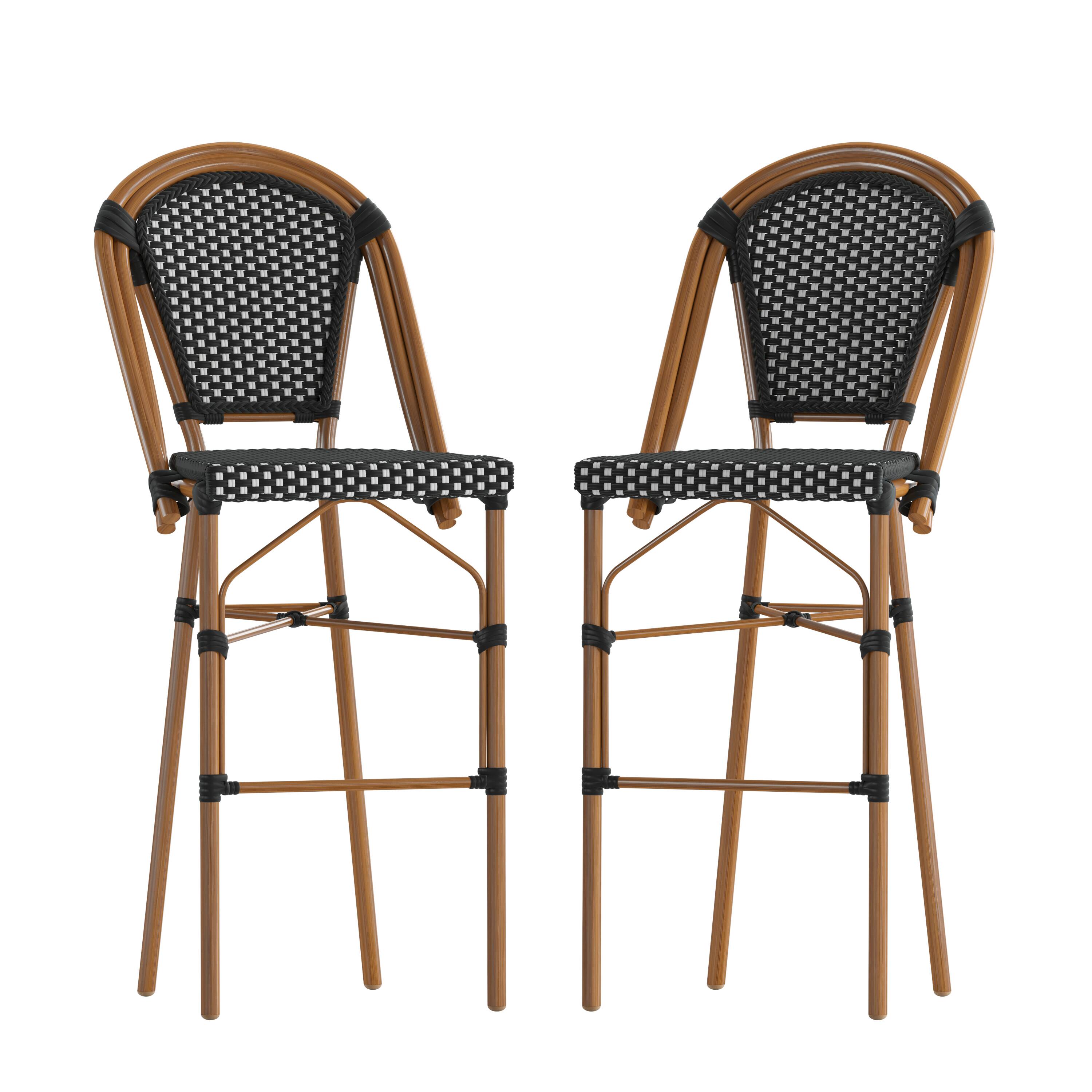 Front. Flash Furniture - Bordeaux Set of 2 Stackable Indoor/Outdoor Bistro 30" High Barstools, Commercial Grade, Black/White and Bamboo Finish - Black.
