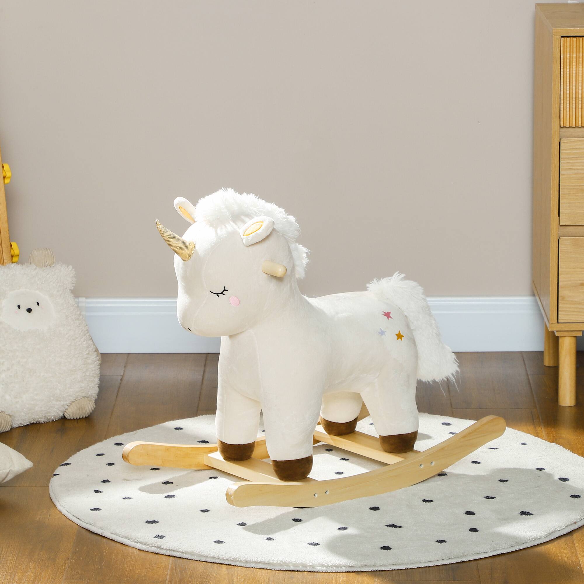 Alt View 7. Glintex - Plush Unicorn Rocking Horse for Kids with Sounds, Soft Seat, and Stable Base - White.