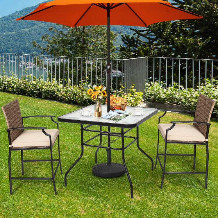 Alt View 1. Mondawe - 32in Freestanding Tempered Glass Square Patio Table, Steel Frame Outdoor Side Table w/ Umbrella Hole - Black.