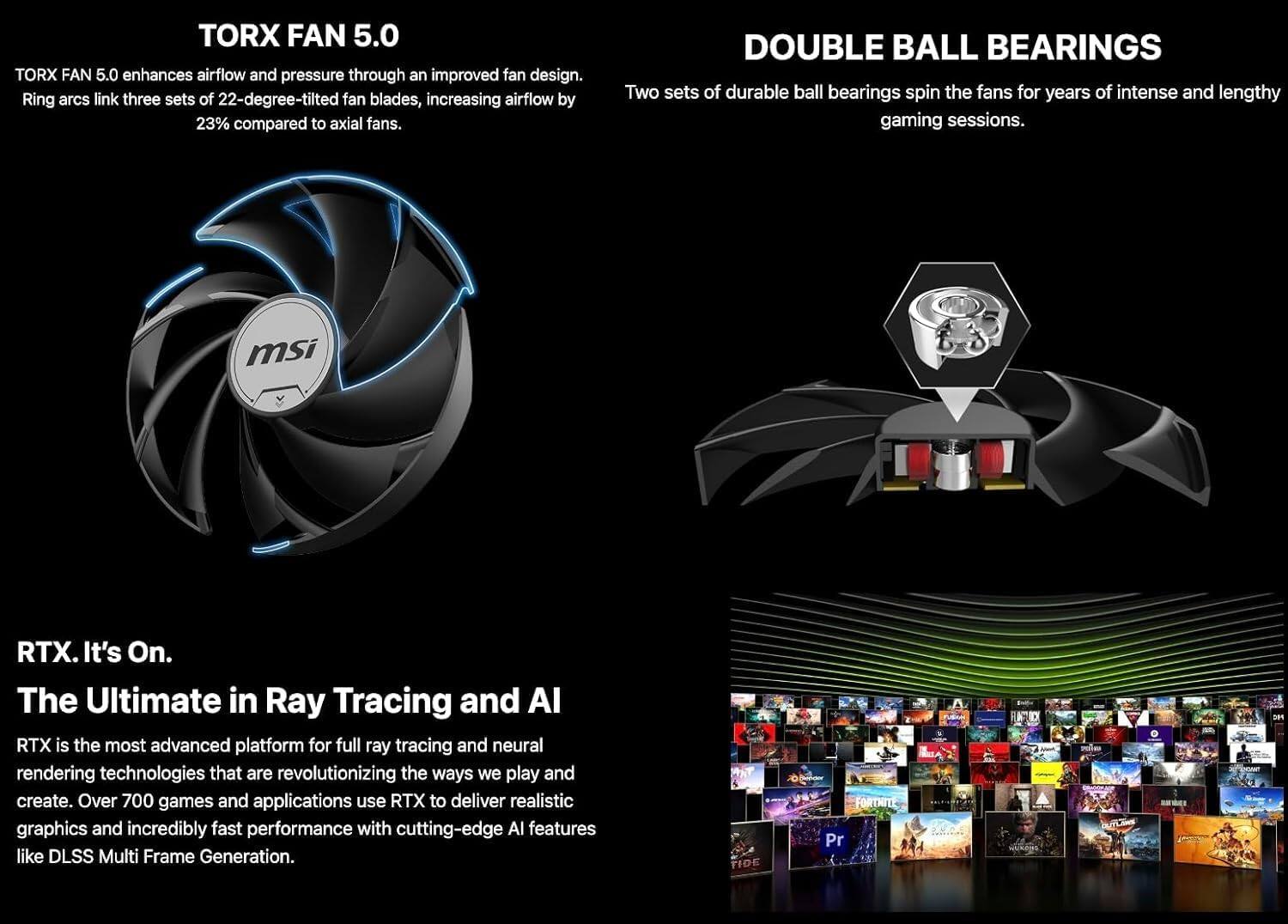 **TORX FAN 5.0**

TORX FAN 5.0 enhances airflow and pressure through an improved fan design. Ring arcs link three sets of 22-degree-tilted fan blades, increasing airflow by 23% compared to axial fans.

**DOUBLE BALL BEARINGS**

Two sets of durable ball bearings spin the fans for years of intense and lengthy gaming sessions.

**RTX. It's On. The Ultimate in Ray Tracing and AI**

RTX is the most advanced platform for full ray tracing and neural rendering technologies that are revolutionizing the ways we play and create. Over 700 games and applications use RTX to deliver realistic graphics and incredibly fast performance with cutting-edge AI features like DLSS Multi Frame Generation.