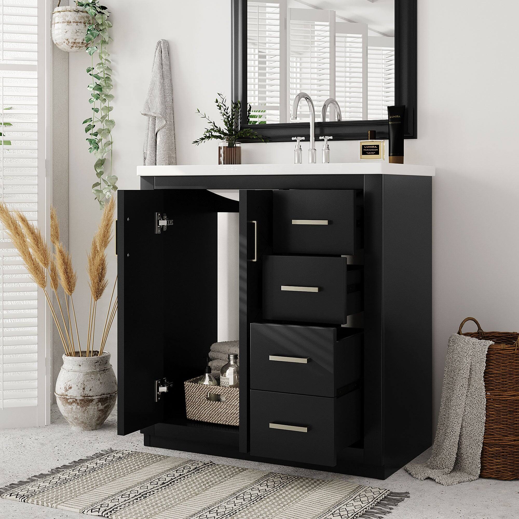 Alt View 5. Boyel Living - 30 Inch Bathroom Vanity Black with Ceramic Sink Solid Wood Frame 3 Drawers - Black.