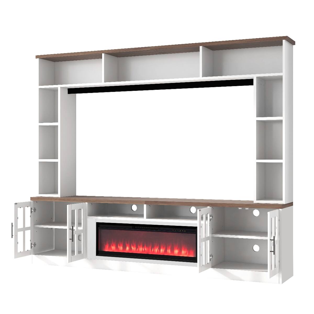 Alt View 10. Loheer - Loheer 95.5" Entertainment Center for 80 Inch TV with Electric Fireplace, White and Walnut - White+Walnut.