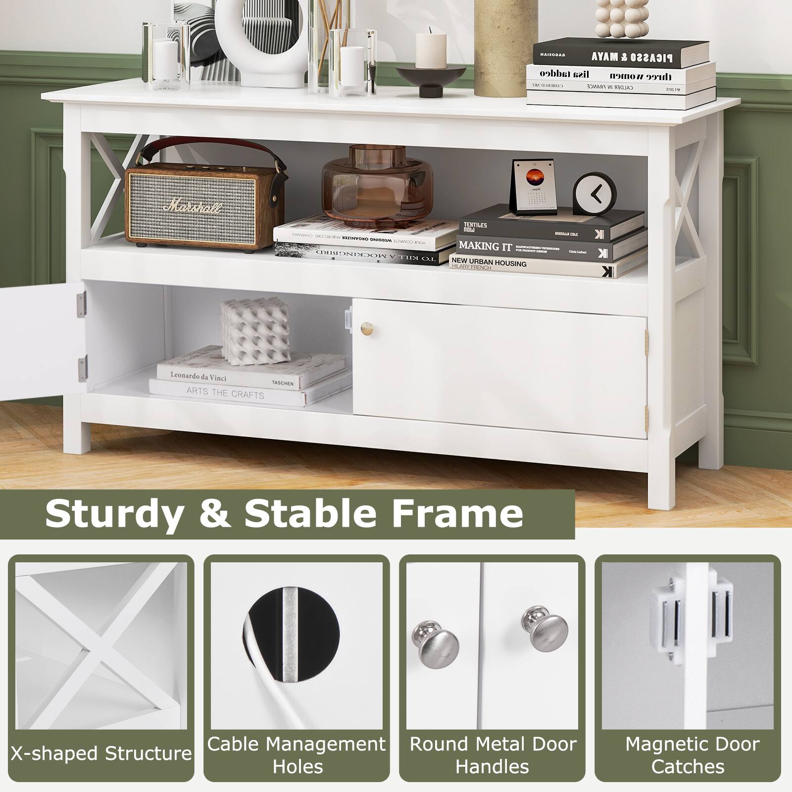 Sturdy & Stable Frame
Cable Management
Round Metal Door Handles
X-shaped Structure
Holes
Magnetic Door Catches