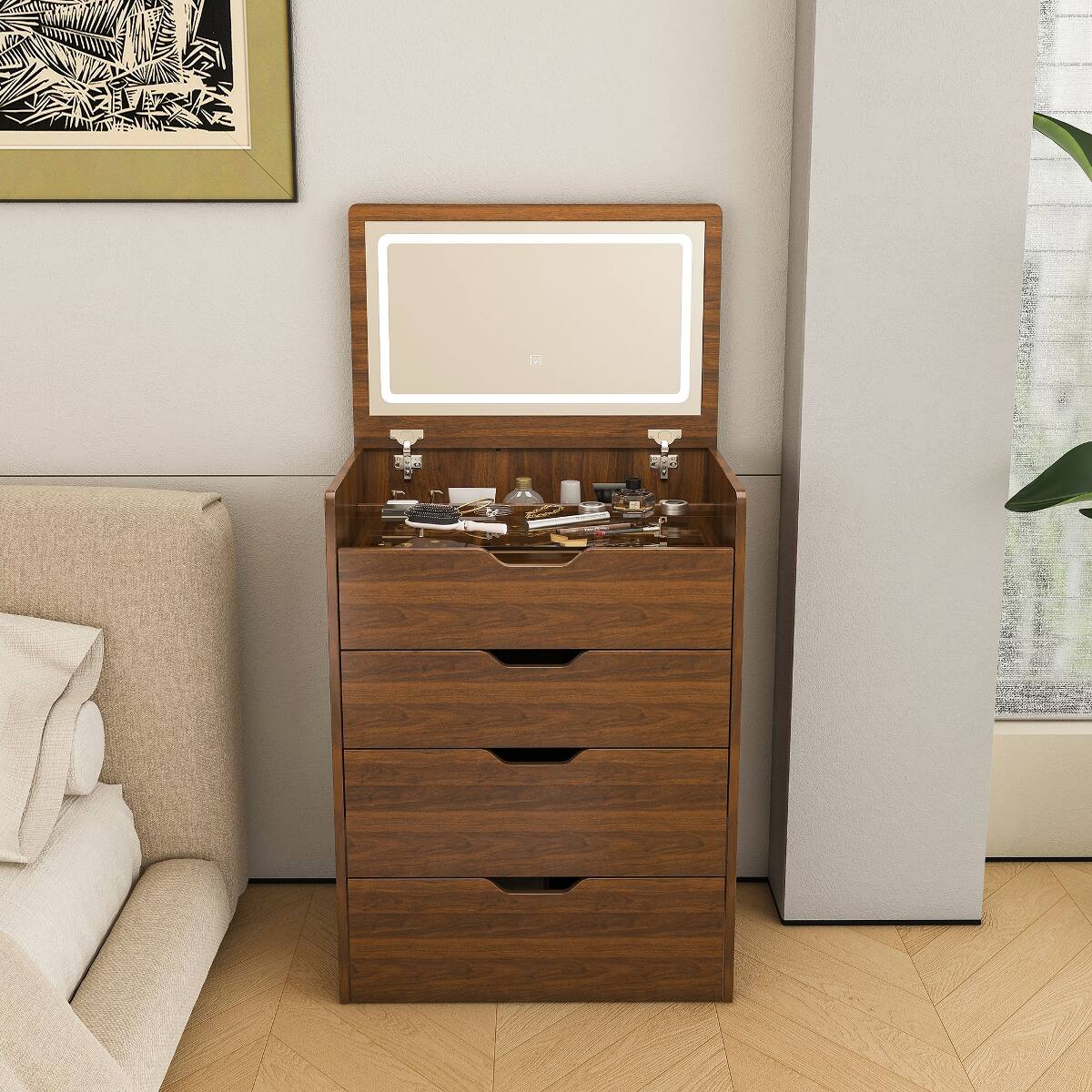 Alt View 8. Loheer - Loheer 3-in-1 Vanity Desk with Lighted Mirror, Flip-Top Storage Cabinet and Stool - Walnut.