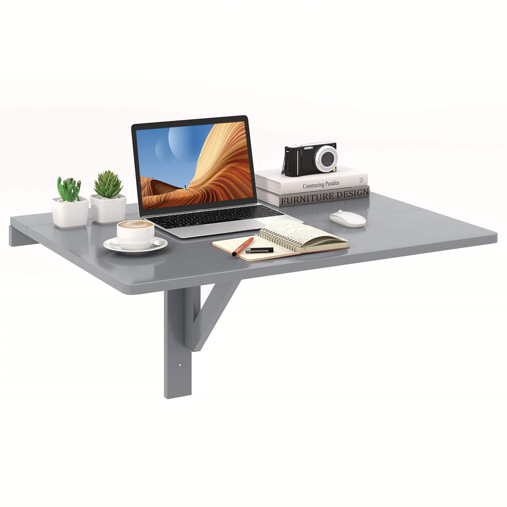 Gymax - Wall-Mounted Drop-Leaf Table Floating Folding Desk Space Saver Black - Gray