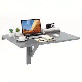 Gymax - Wall-Mounted Drop-Leaf Table Floating Folding Desk Space Saver Black - Gray