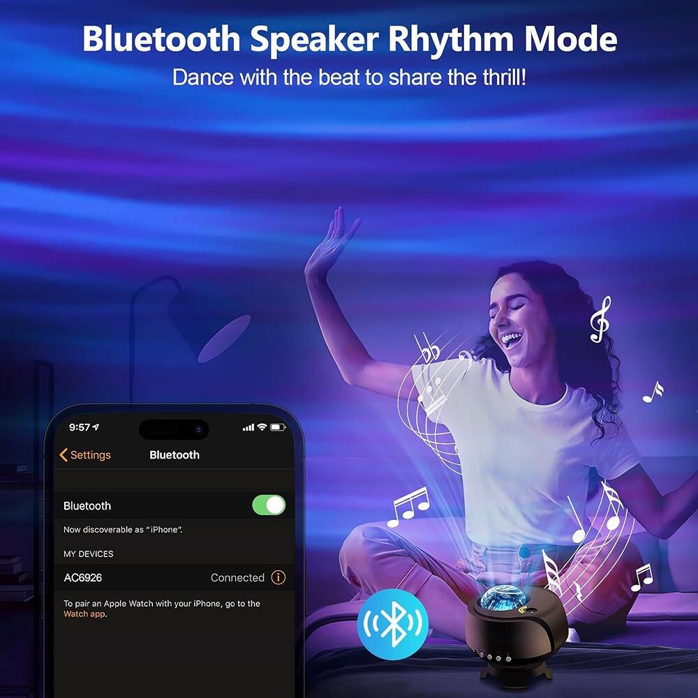 Bluetooth Speaker Rhythm Mode  
Dance with the beat to share the thrill!  

9:57  
Settings  
Bluetooth  
Bluetooth  
Now discoverable as "iPhone".  
MY DEVICES  
AC6926 Connected  
To pair an Apple Watch with your iPhone, go to the Watch app.