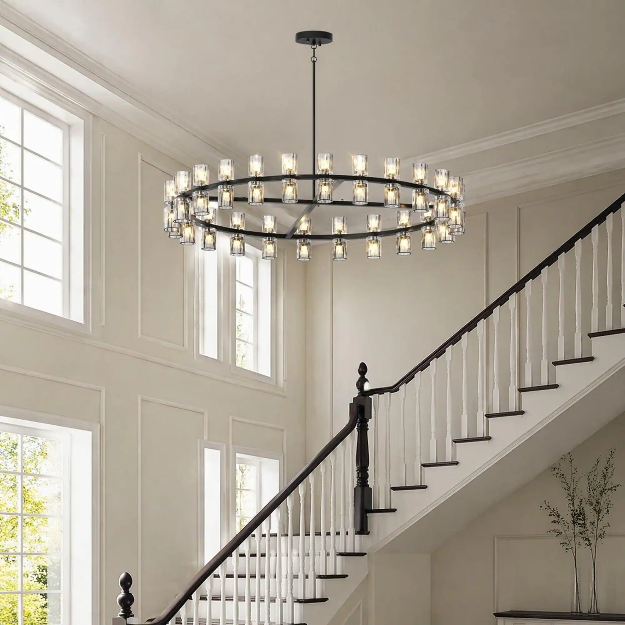 Back. RYHNUYNE - 48-Inch Black Crystal Chandelier with Dual LED Rings, Modern Luxury Ceiling Light for Living Room, Dining Room.