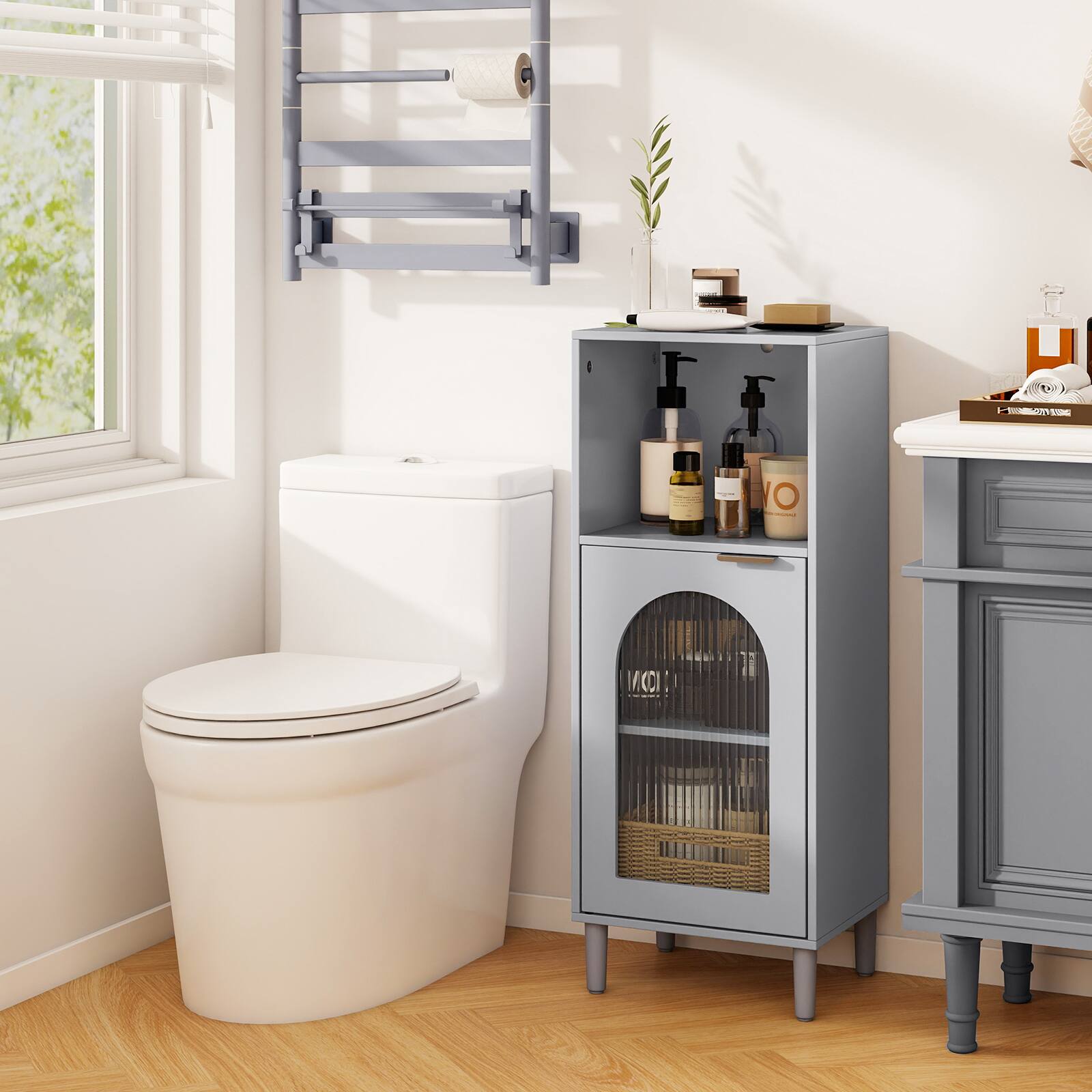 Alt View 3. Costway - Costway Bathroom Floor Cabinet with Adjustable Shelf, Single Tempered Glass Door, Wood Legs - Gray.