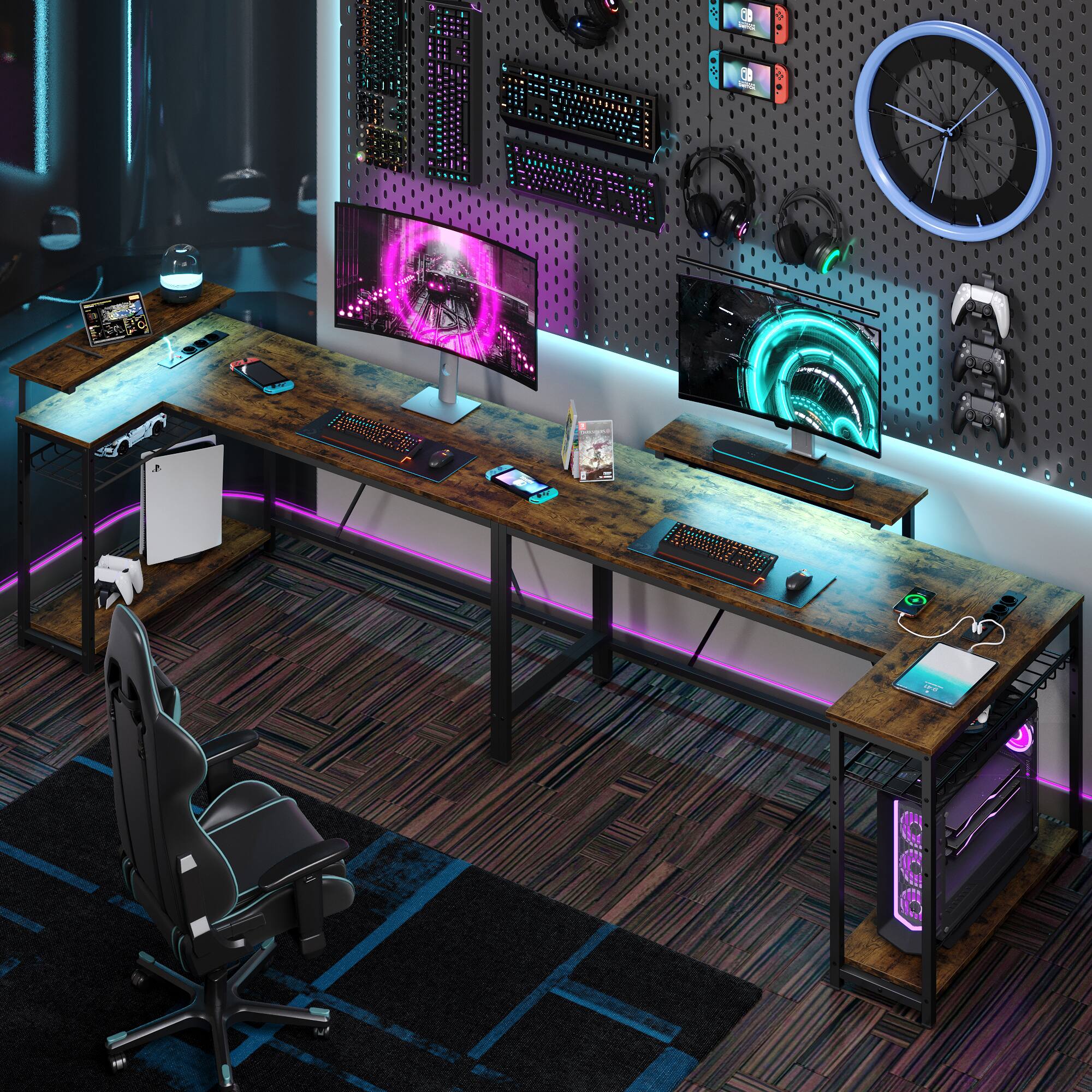 Left. Bestier - L-Shaped Computer Desk with LED Lights - Brown.