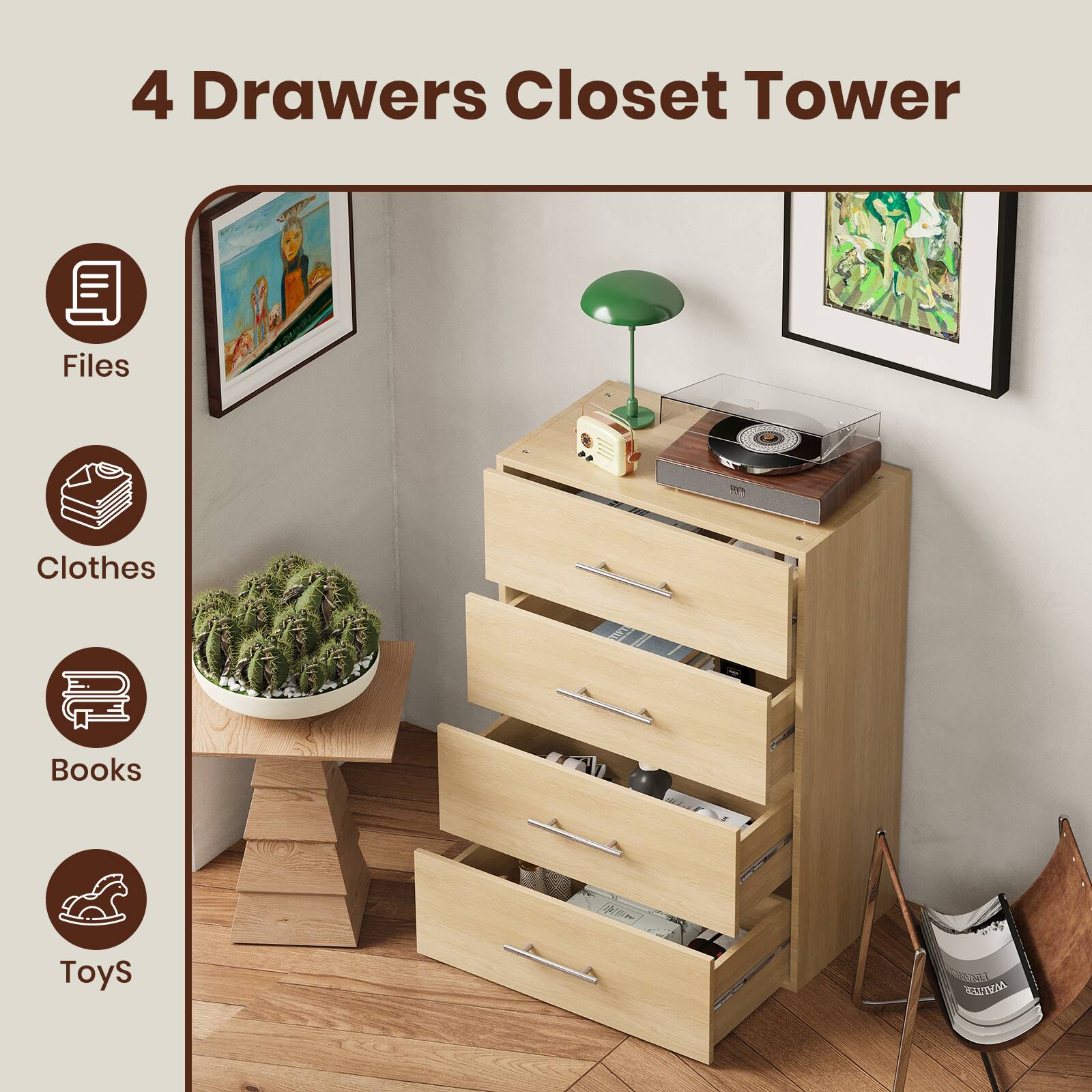 4 Drawers Closet Tower

Files
Clothes
Books
Toys