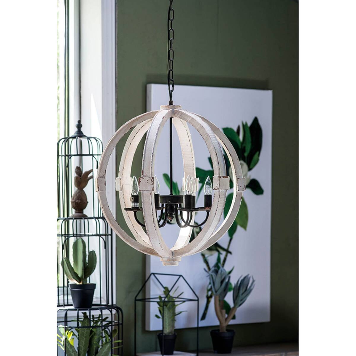 Alt View 2. Loheer - Loheer Six Light Wood Chandelier, Distressed White Finish, Adjustable Chain for Dining Room or Foyer.
