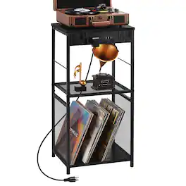 Oumilen - Vinyl Record Player Stand with Charging Station & Storage Shelves - Black