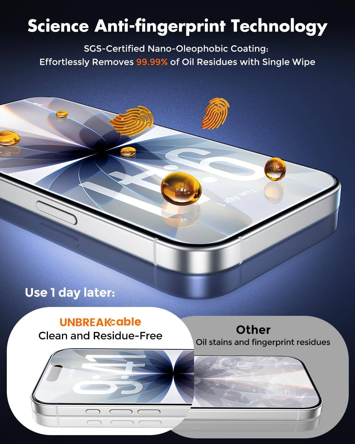 Science Anti-fingerprint Technology  
SGS-Certified Nano-Oleophobic Coating: Effortlessly Removes 99.99% of Oil Residues with Single Wipe  

Use 1 day later:  
UNBREAKable  
Clean and Residue-Free  

Other  
Oil stains and fingerprint residues
