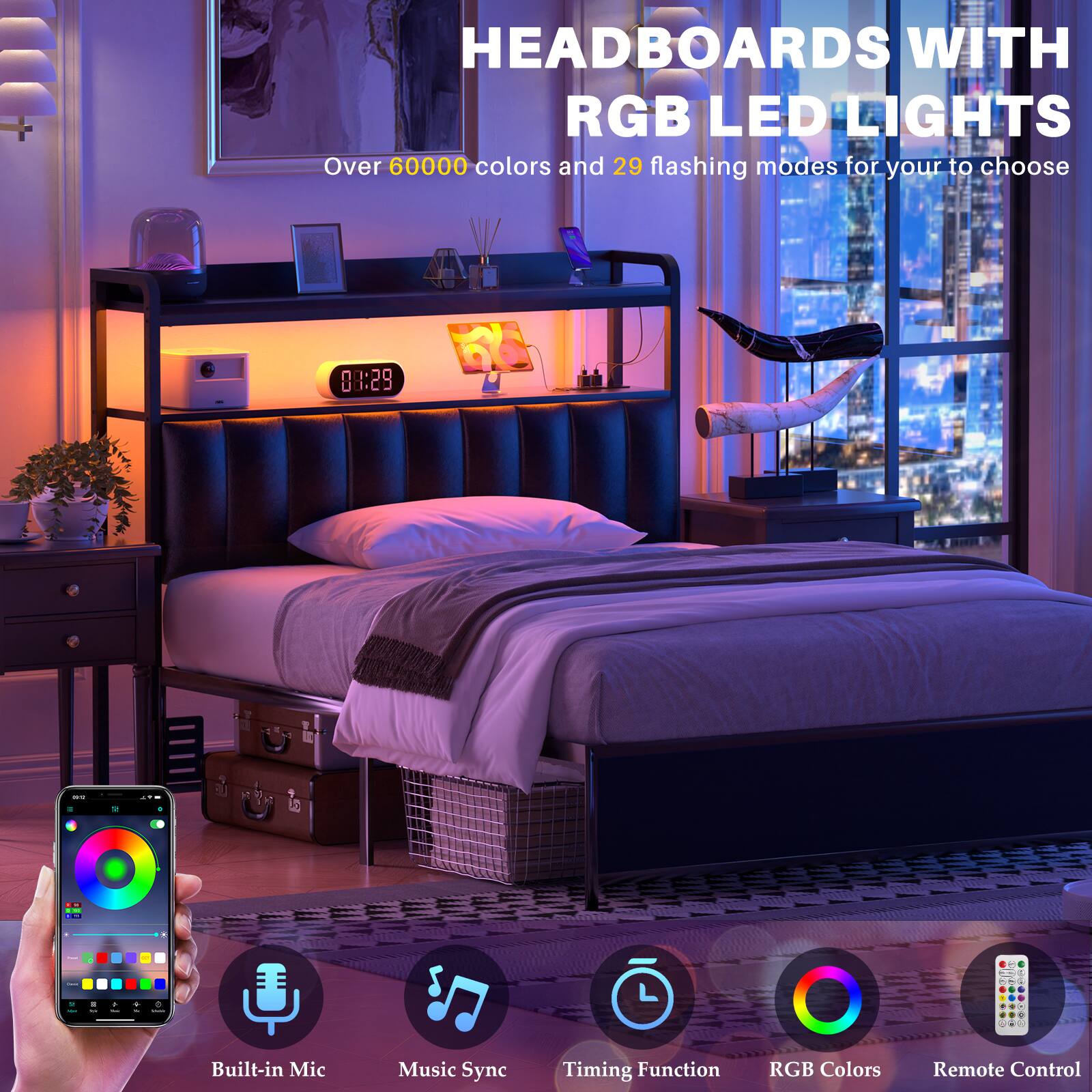HEADBOARDS WITH RGB LED LIGHTS

Over 60000 colors and 29 flashing modes for your to choose

- Built-in Mic
- Music Sync
- Timing Function
- RGB Colors
- Remote Control