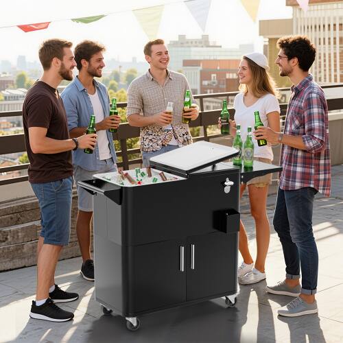 Alt View 5. Winado - 80QT Patio Cooler, Ice Chest with Storage Cabinet, Bottle Opener Drainage for Outdoor Cooler Party, Deck, Pool, Camping - Black.