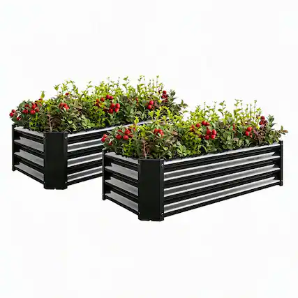 Front. RYHNUYNE - 2-Pack Black Metal Rectangular Raised Garden Beds 4x2x1 ft for Vegetables, Flowers and Herbs - Black.
