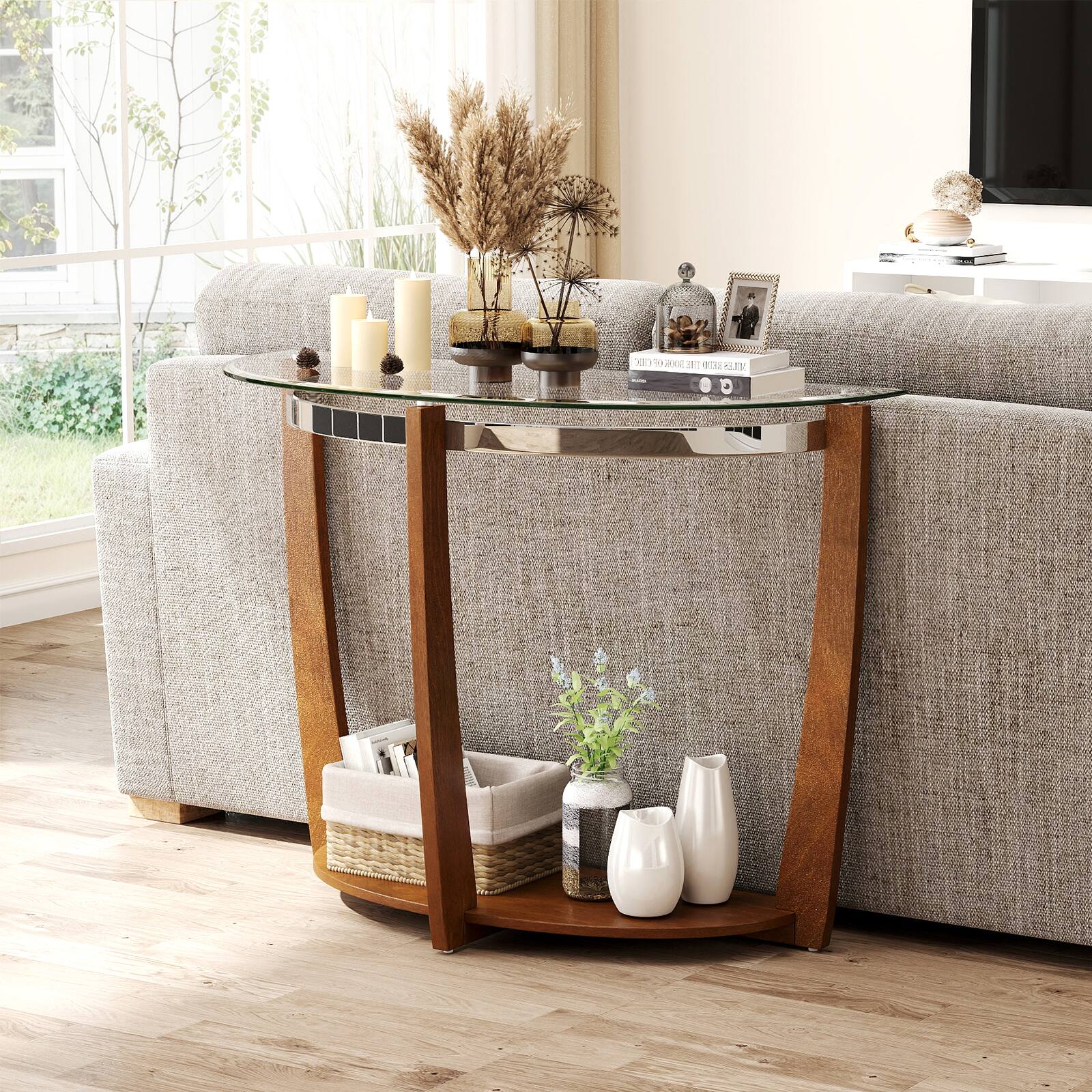 Alt View 1. Gymax - Gymax 2-tier Modern Half Moon Sofa Table w/Clear Glass Top & Open Shelffor Living Room Walnut - Walnut.